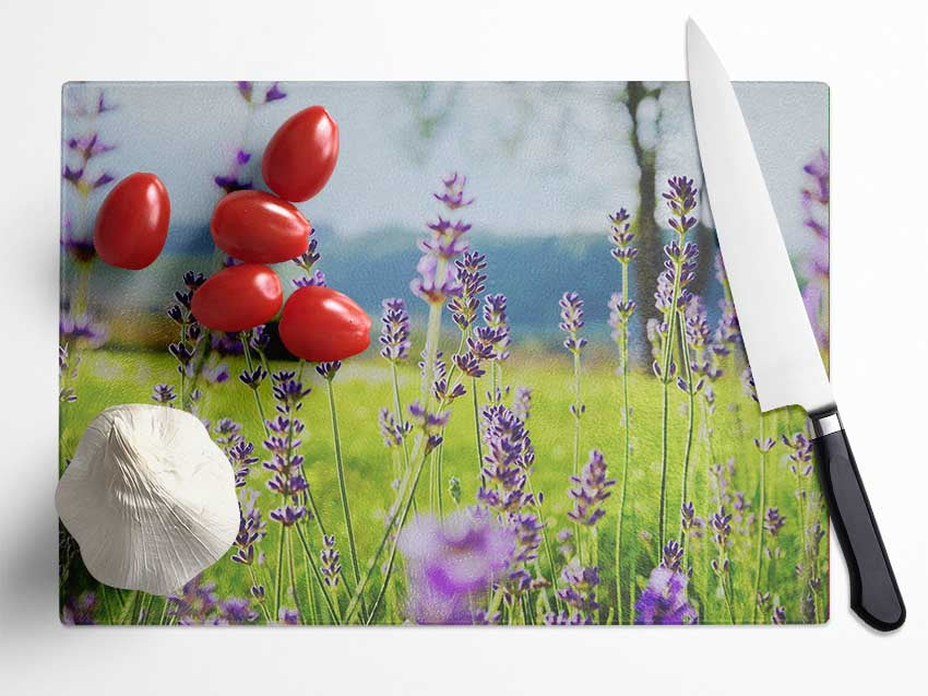 Tiny flowers suspended above the grass Glass Chopping Board