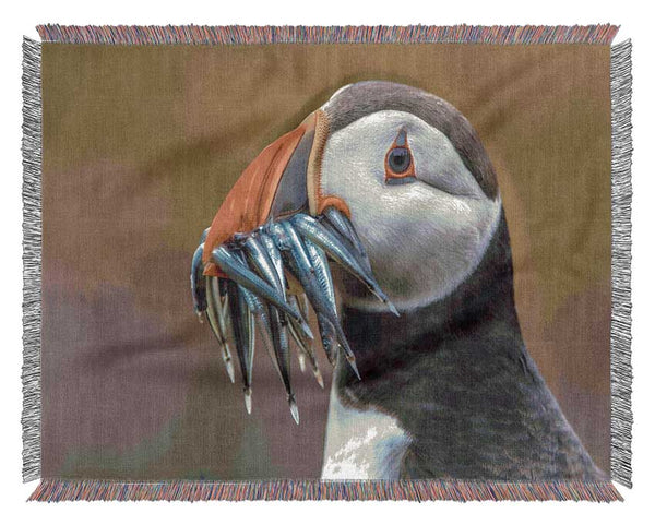 Puffin with a mouthall of fish Woven Blanket