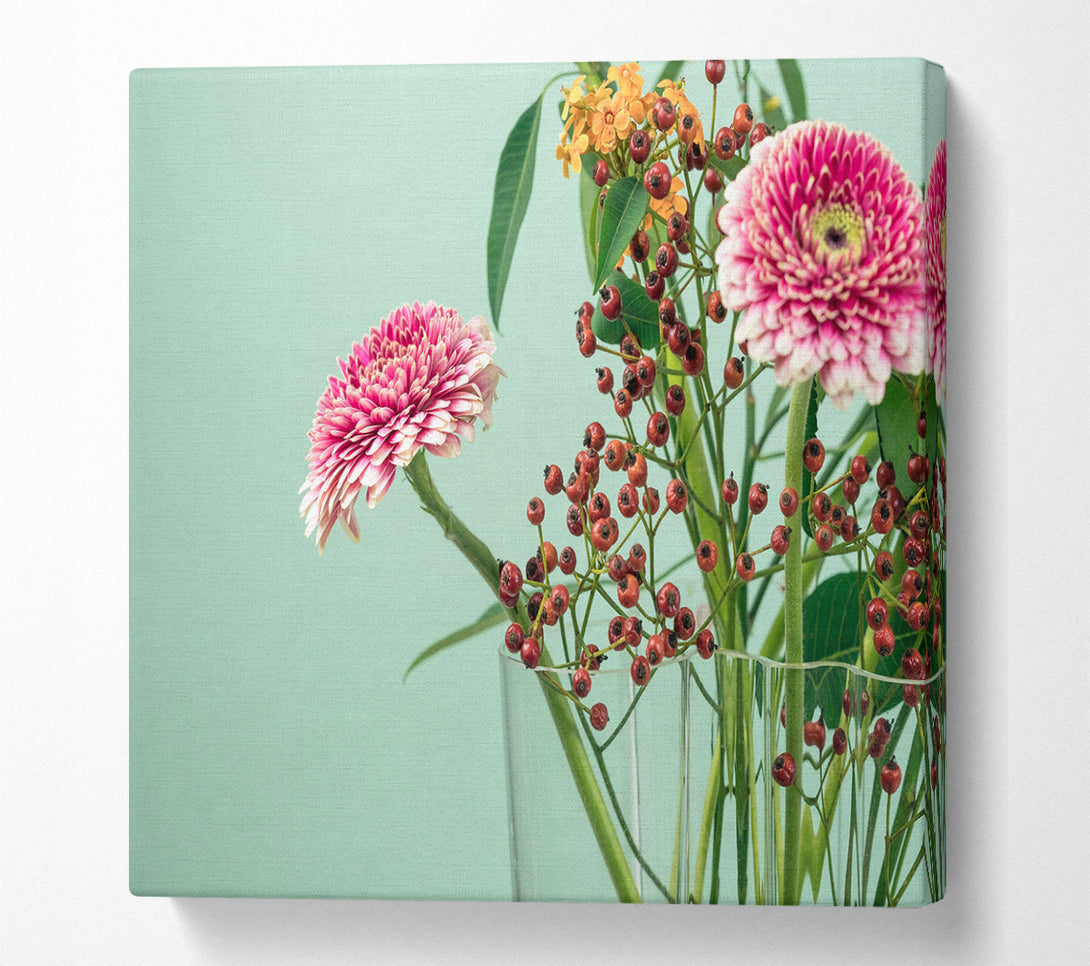 A Square Canvas Print Showing Vase of flowers with berries Square Wall Art