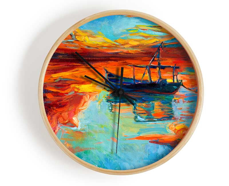 Row boat on the horizon of colour Clock - Wallart-Direct UK