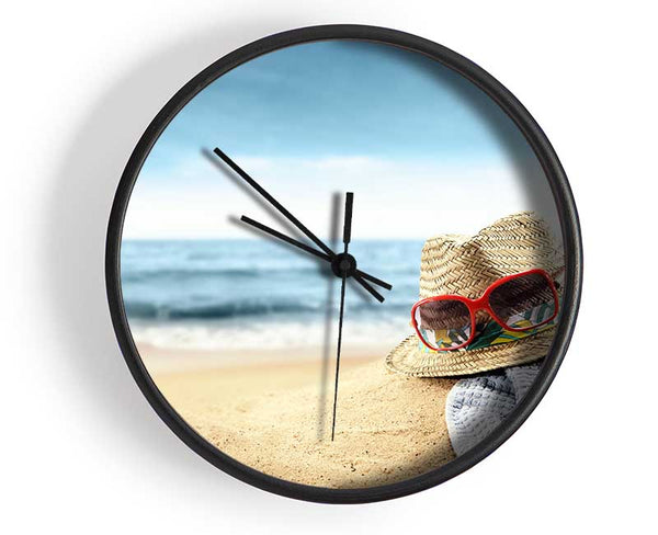 Sun hat and sunglasses on the beach Clock - Wallart-Direct UK