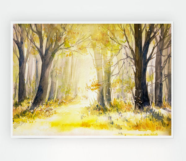 Yellow Forest Woodland Watercolour Print Poster Wall Art