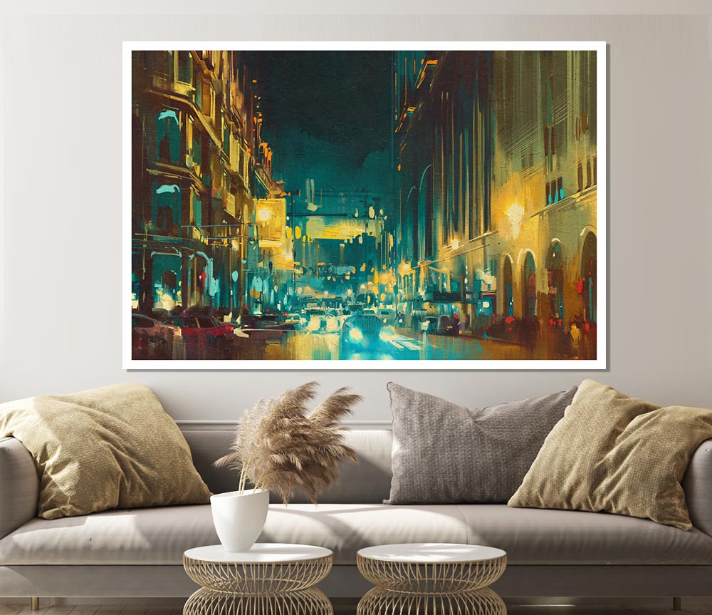 Busy Night Traffic Watercolour Print Poster Wall Art