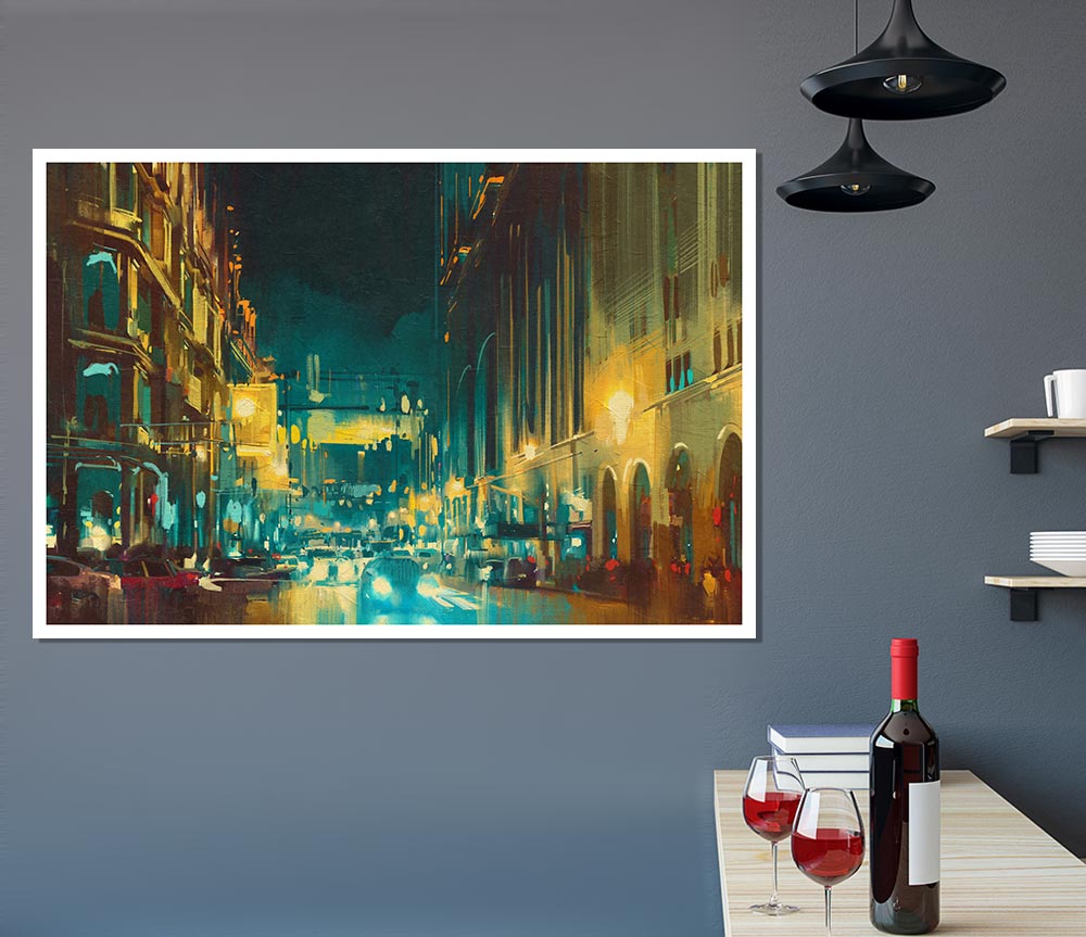 Busy Night Traffic Watercolour Print Poster Wall Art