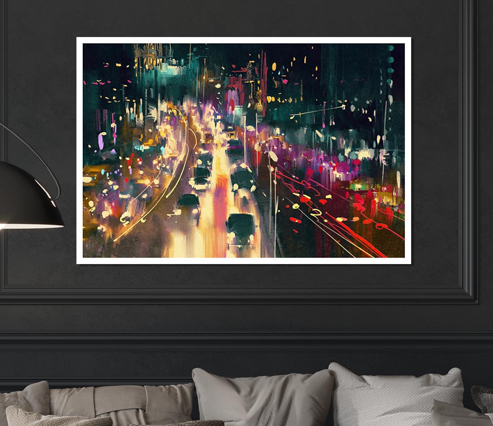 Busy Night Traffic Lights Watercolour Print Poster Wall Art