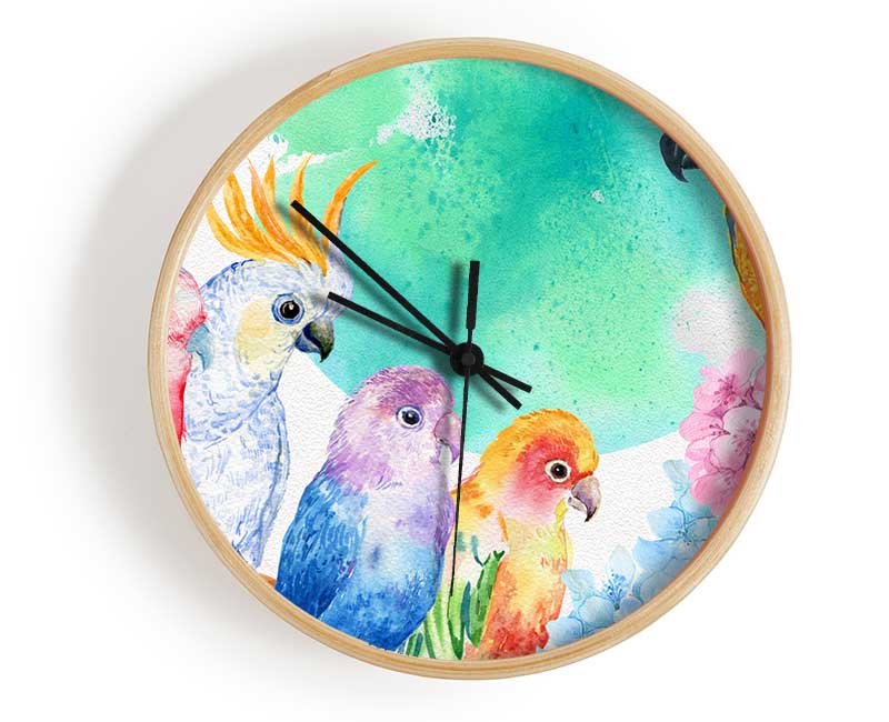 Array Of Watercolour Parrots Clock - Wallart-Direct UK