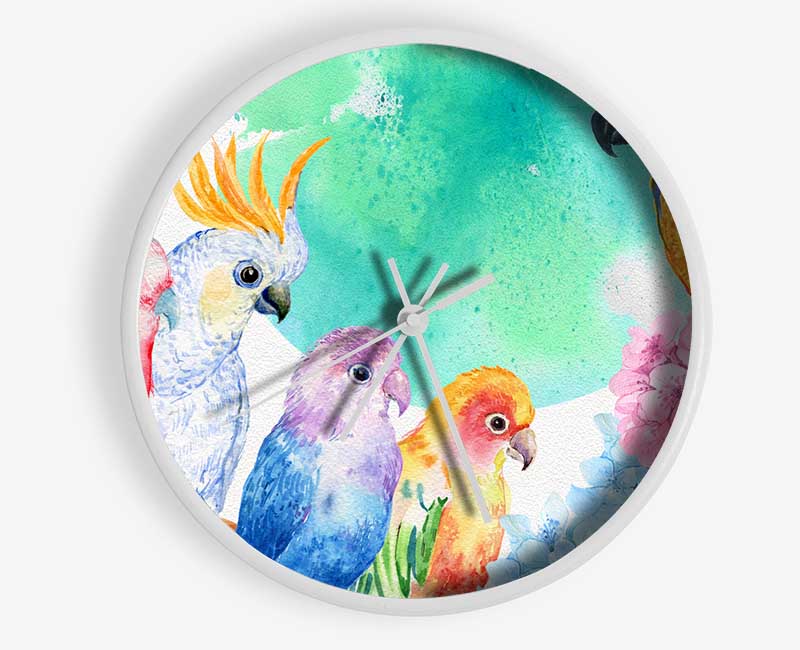 Array Of Watercolour Parrots Clock - Wallart-Direct UK