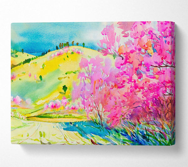 Picture of Pink Blossom Hilltops Canvas Print Wall Art