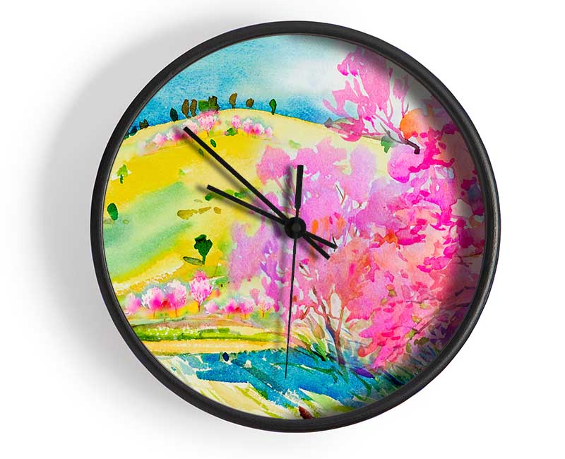 Pink Blossom Hilltops Clock - Wallart-Direct UK