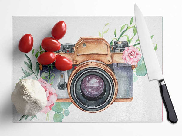 Vintage Camera Floral Glass Chopping Board