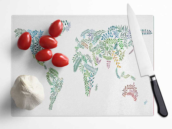 Leafy World Map Glass Chopping Board