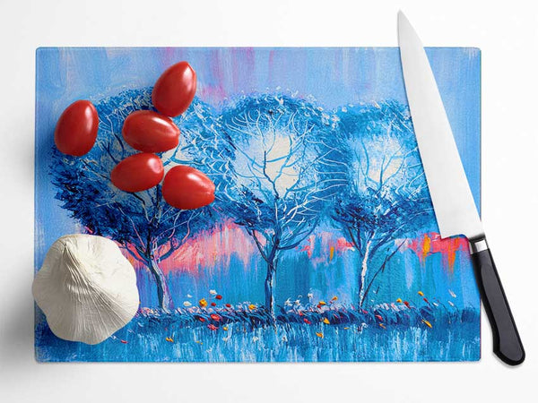 Three Blue Winter Trees Glass Chopping Board