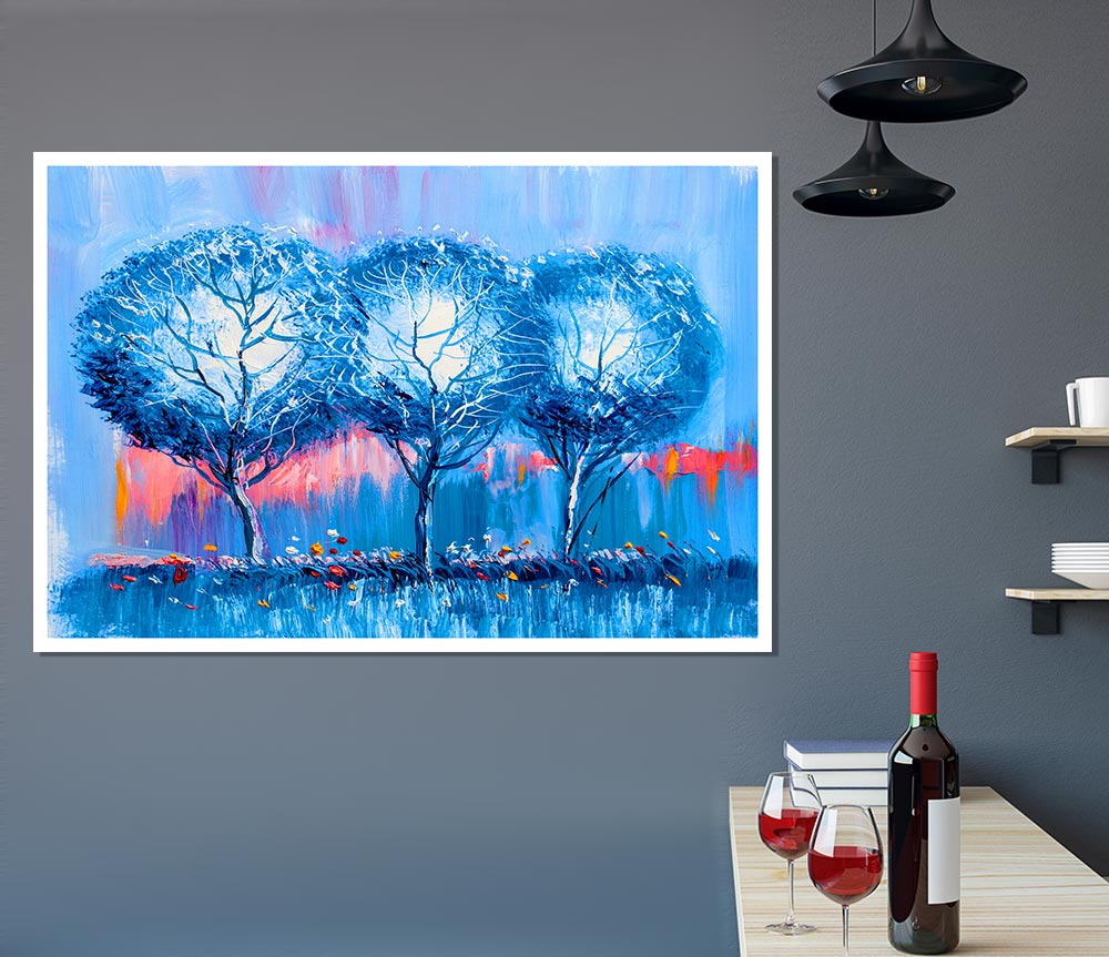 Three Blue Winter Trees Print Poster Wall Art