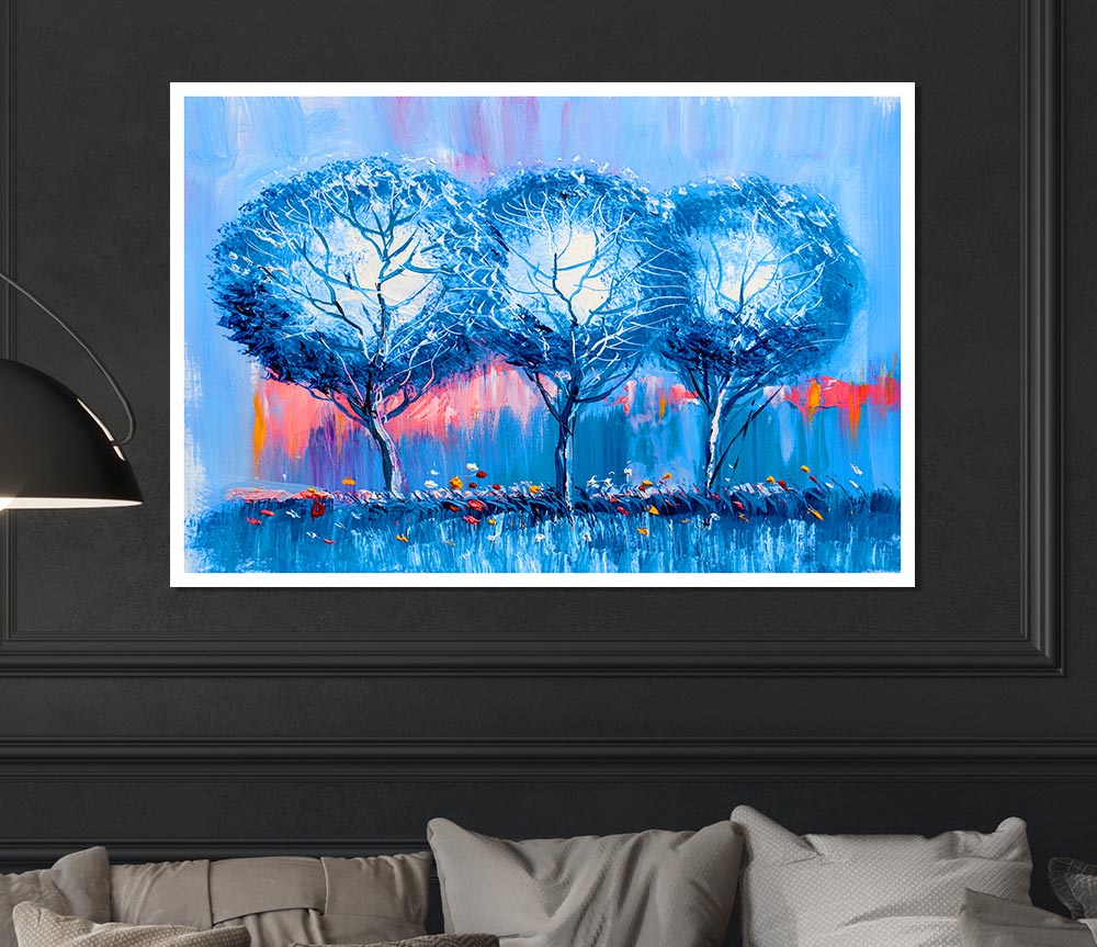 Three Blue Winter Trees Print Poster Wall Art