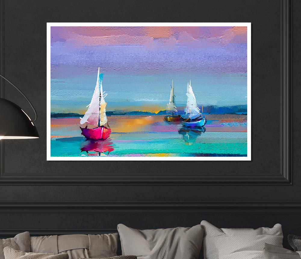 Turquoise Watercolour Boats Print Poster Wall Art