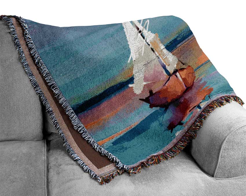 Turquoise Watercolour Boats Woven Blanket