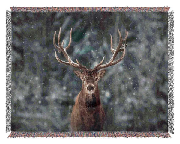 Stag In The Snow Woven Blanket