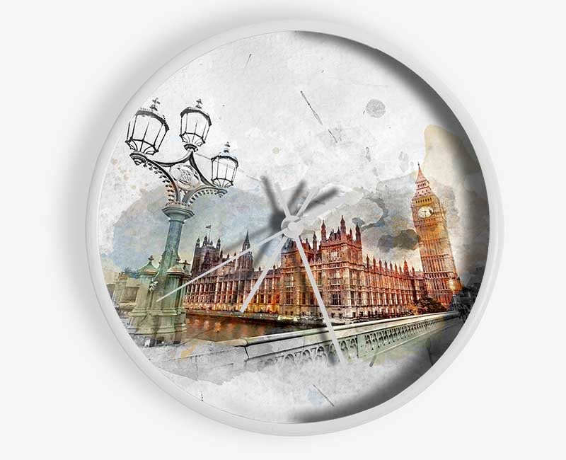 Watercolour Streets Of Parliament Clock - Wallart-Direct UK