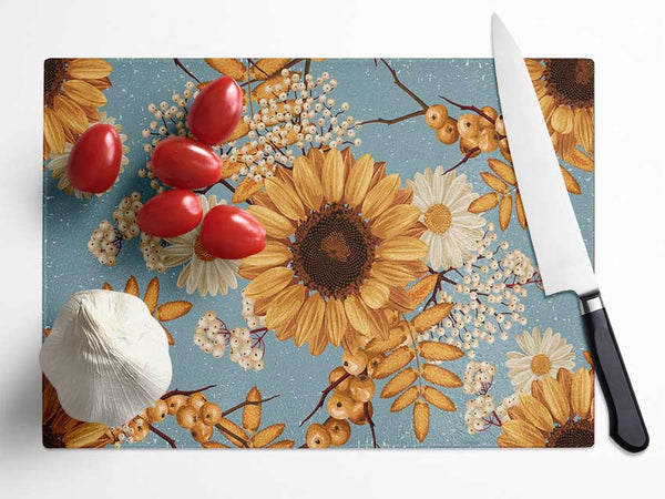 Sunflowers On Blue Glass Chopping Board