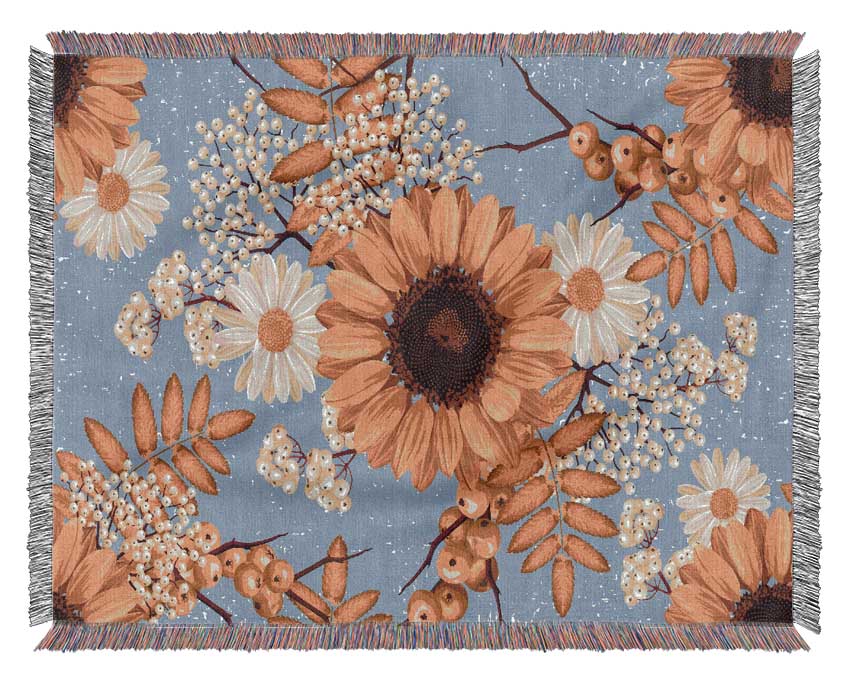 Sunflowers On Blue Woven Blanket