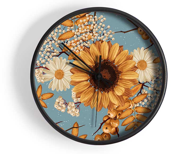 Sunflowers On Blue Clock - Wallart-Direct UK