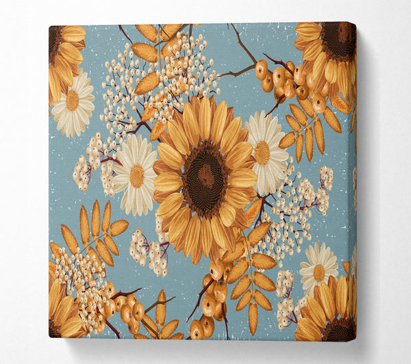 A Square Canvas Print Showing Sunflowers On Blue Square Wall Art