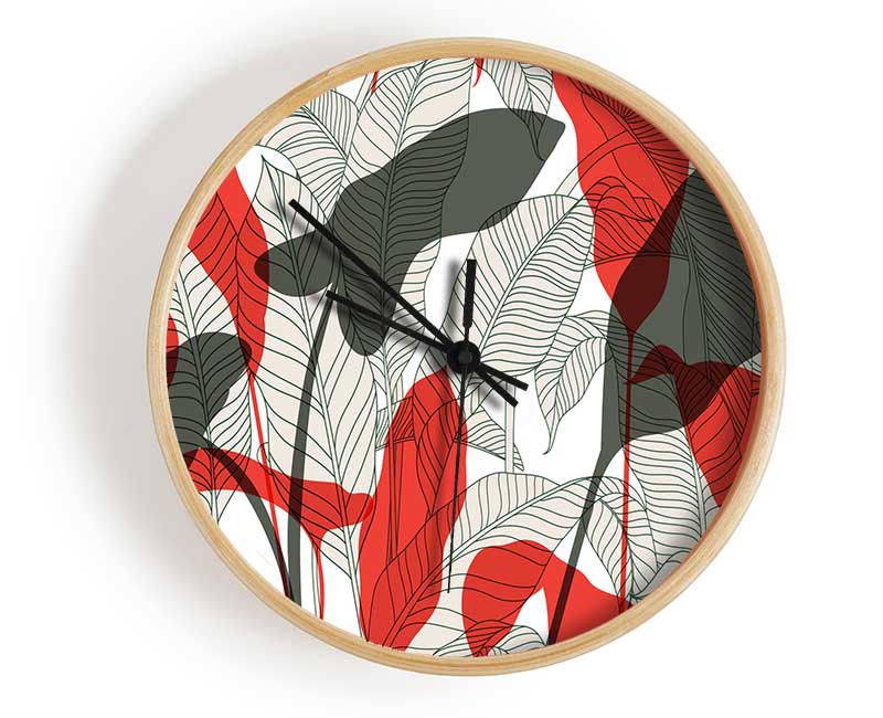 Leaves Of Red And Grey Clock - Wallart-Direct UK