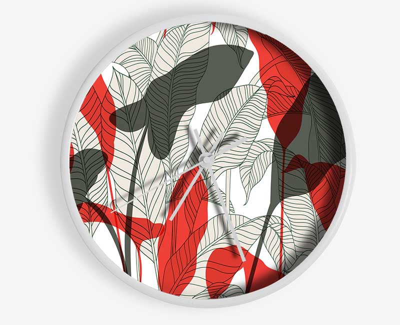 Leaves Of Red And Grey Clock - Wallart-Direct UK