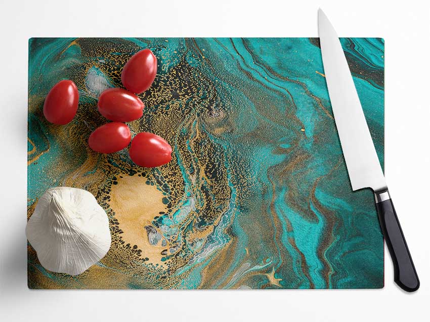 Turquoise And Teal Oil Flow Glass Chopping Board