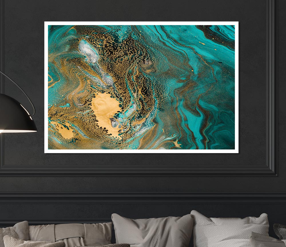 Turquoise And Teal Oil Flow Print Poster Wall Art