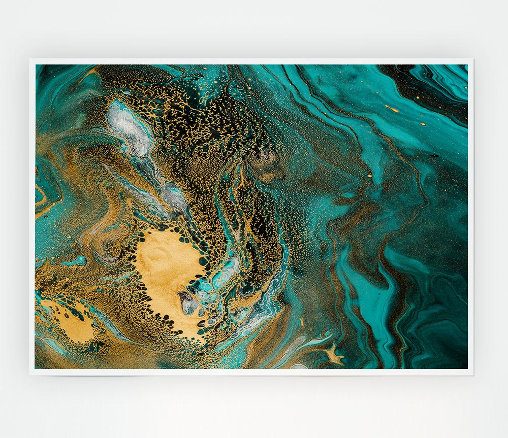 Turquoise And Teal Oil Flow Print Poster Wall Art