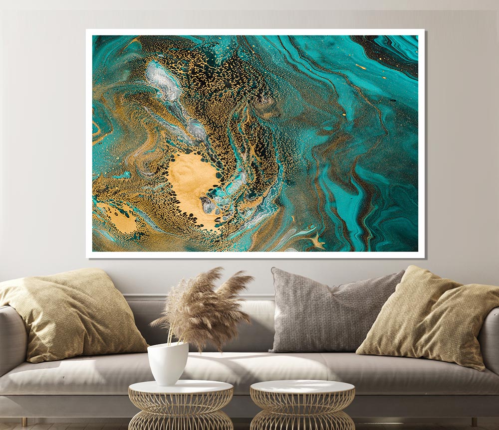 Turquoise And Teal Oil Flow Print Poster Wall Art