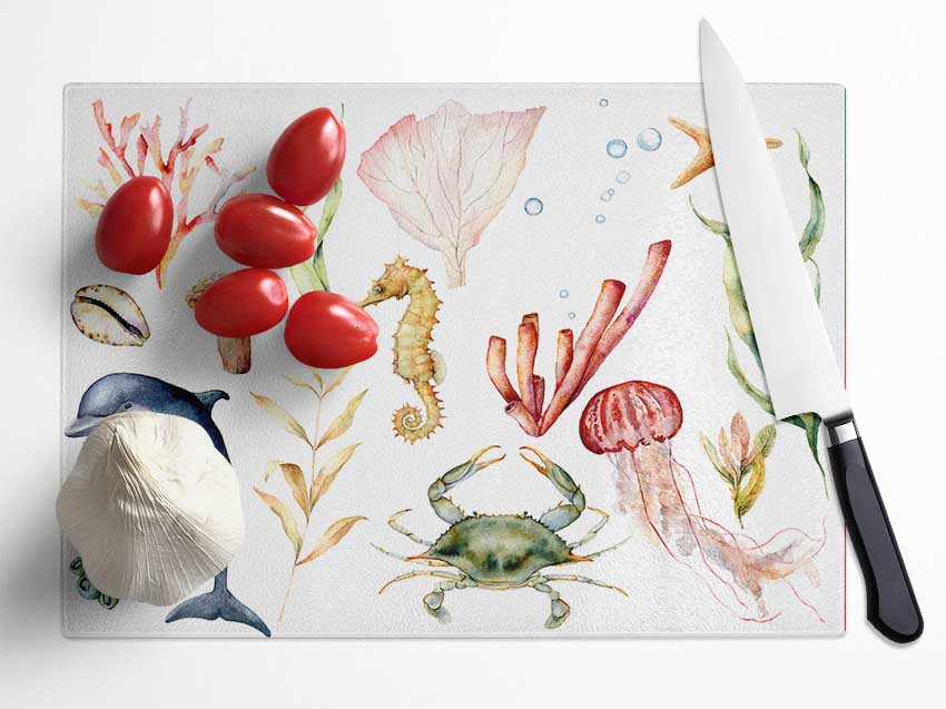 Water Colour Sea Creatures Glass Chopping Board