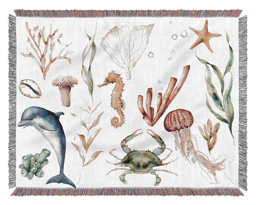 Water Colour Sea Creatures Woven Blanket