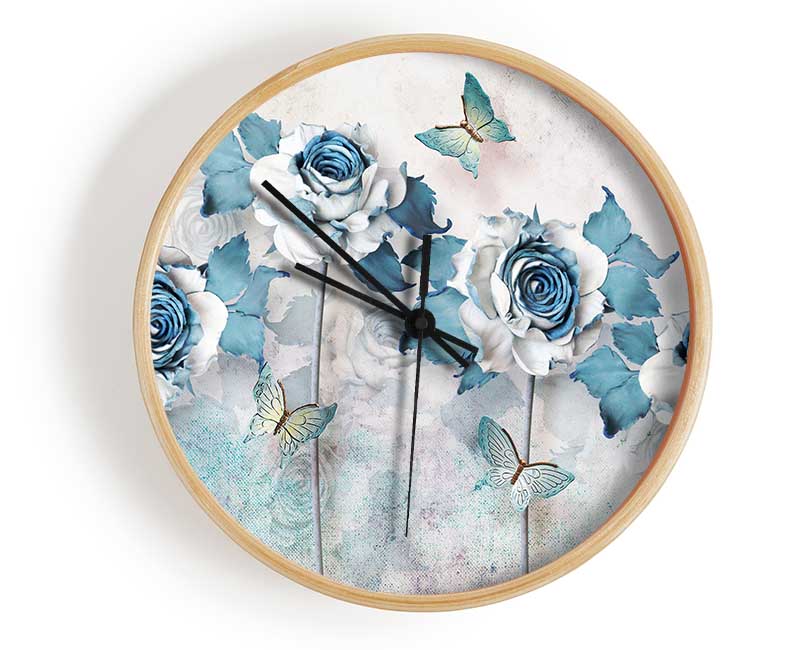 Teal Roses And Butterflies Clock - Wallart-Direct UK