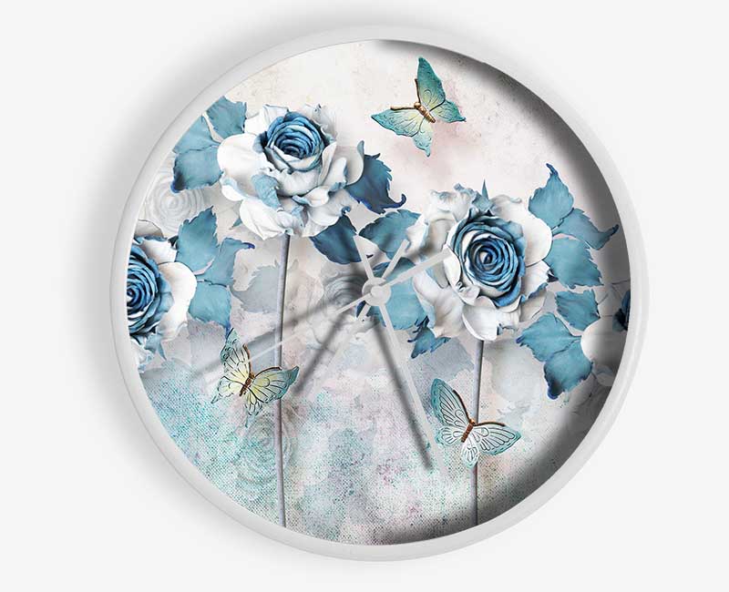 Teal Roses And Butterflies Clock - Wallart-Direct UK