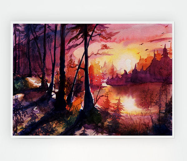 Vibrant Orange Sun In The Forest Print Poster Wall Art