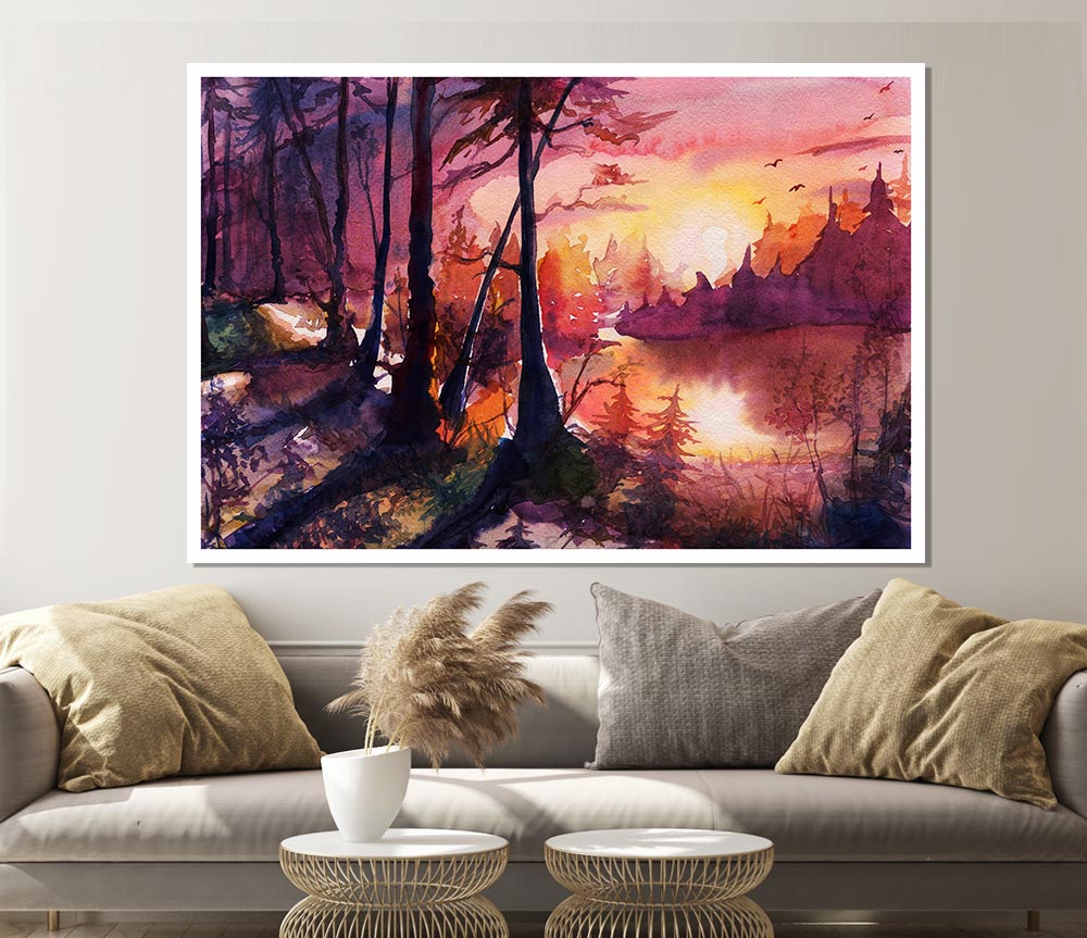 Vibrant Orange Sun In The Forest Print Poster Wall Art