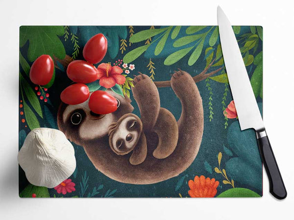 Sloth And Baby Glass Chopping Board