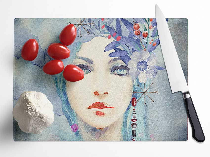 Blue Face Woman Watercolour Glass Chopping Board