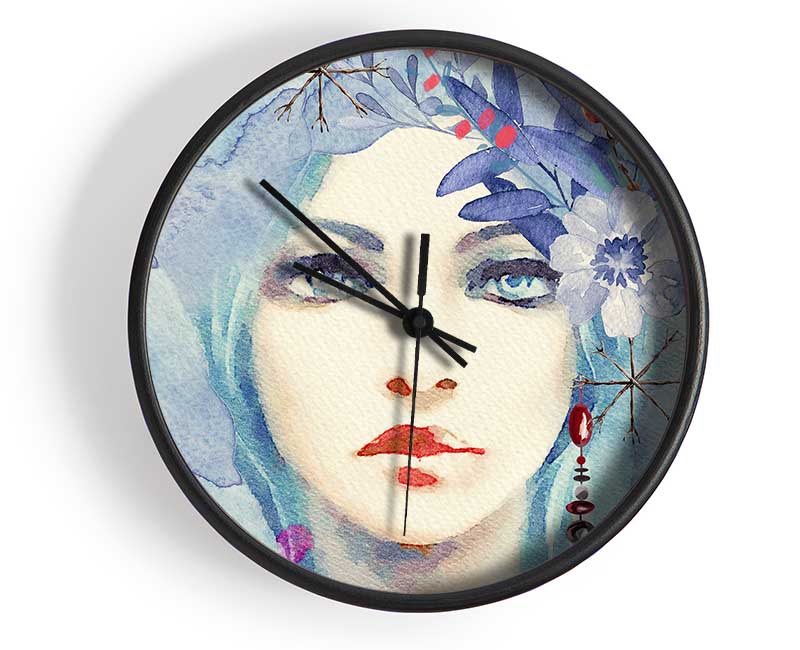 Blue Face Woman Watercolour Clock - Wallart-Direct UK