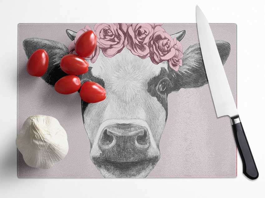 Rose Cow Head Glass Chopping Board