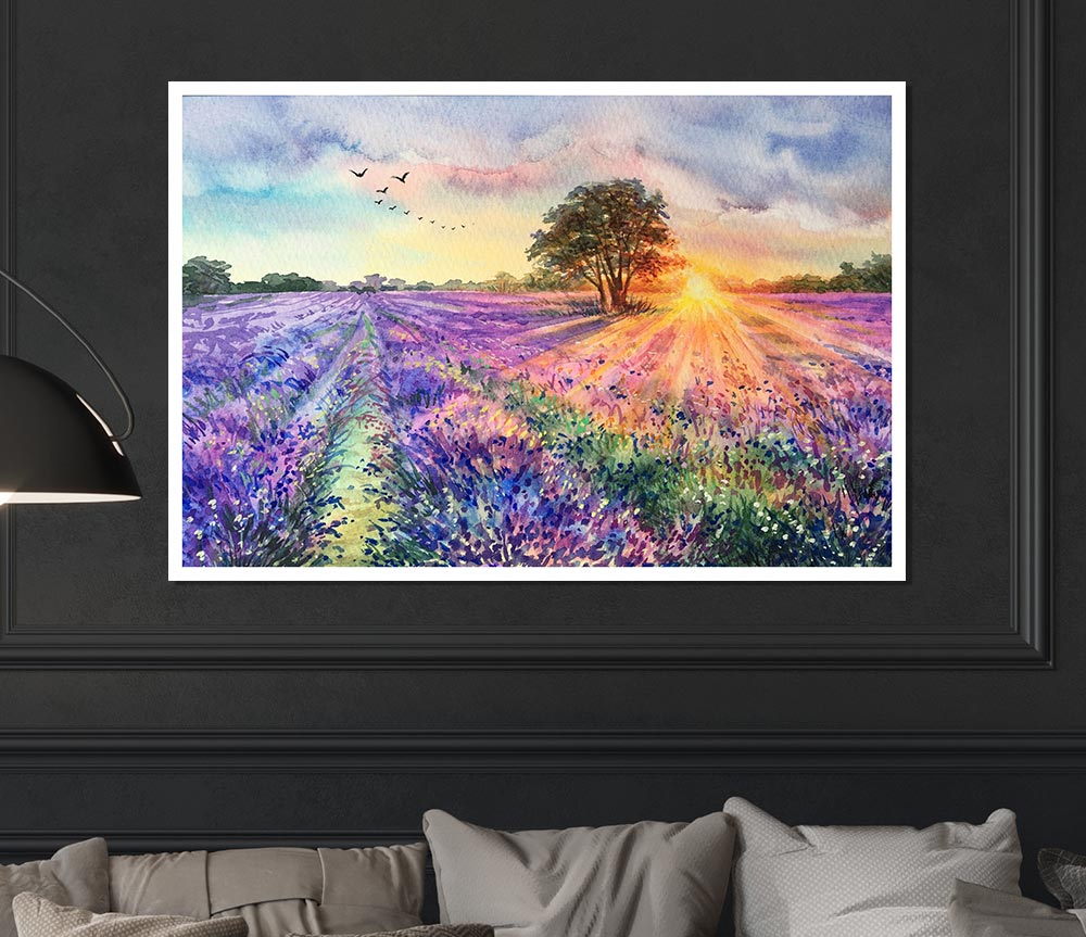 Lilac Fields Sunset Print Poster Wall Art