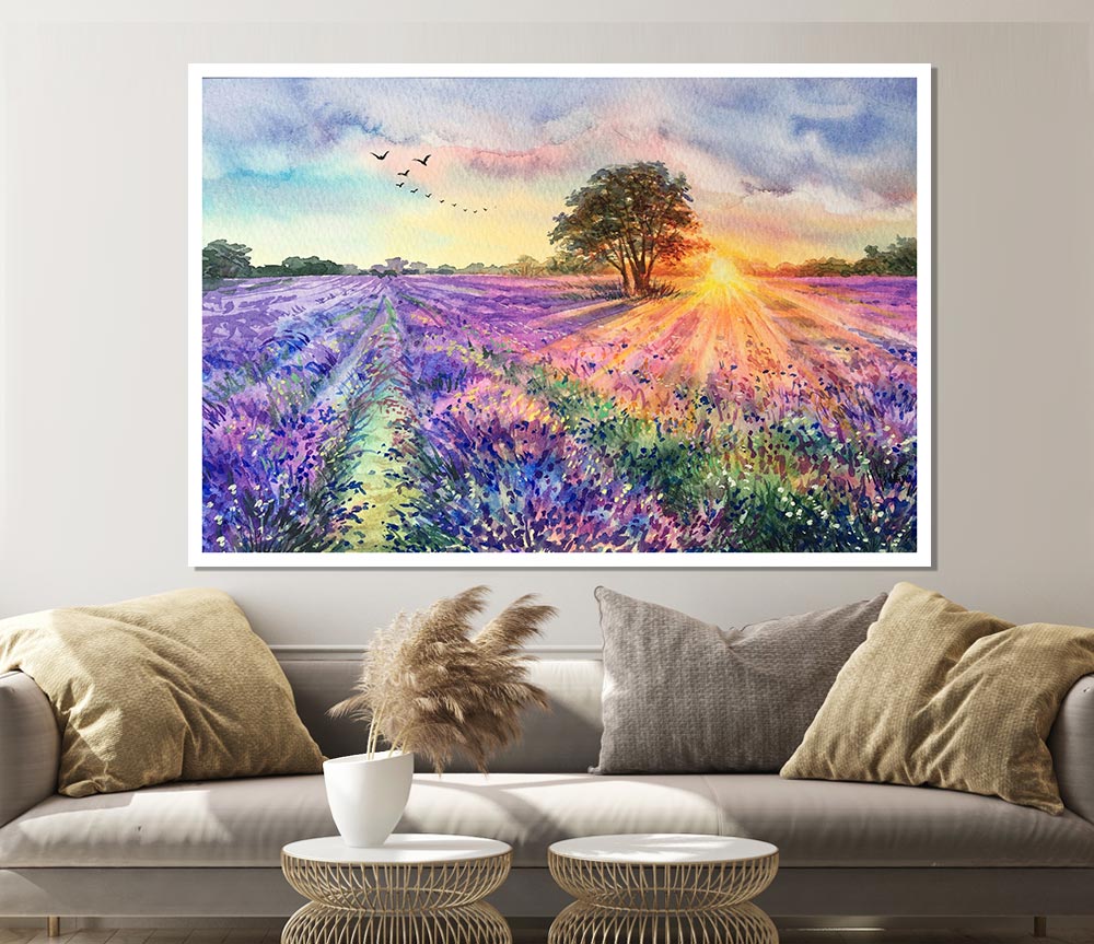 Lilac Fields Sunset Print Poster Wall Art