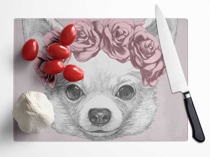 Flower Head Chihuahua Glass Chopping Board