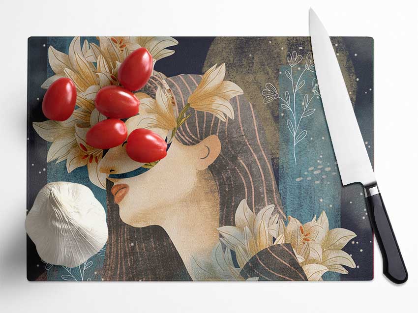 Cream Flowers Woman Glass Chopping Board