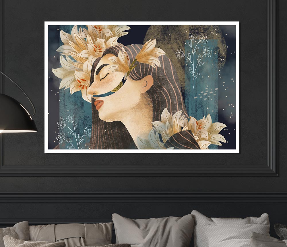 Cream Flowers Woman Print Poster Wall Art