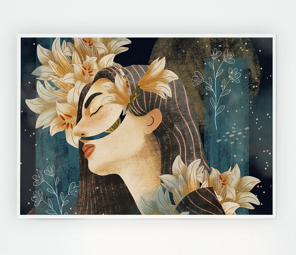 Cream Flowers Woman Print Poster Wall Art