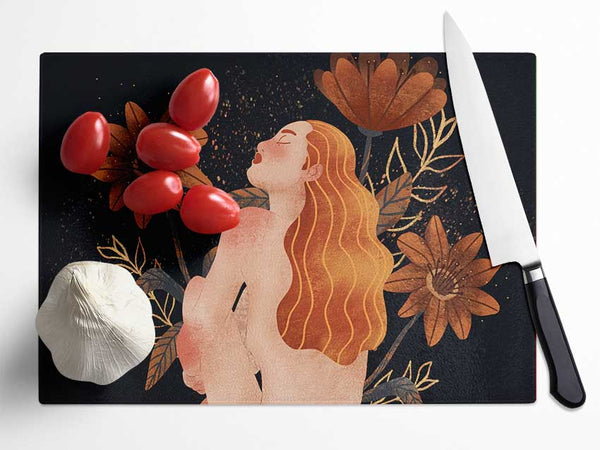 Red Haired Girl Floral Glass Chopping Board