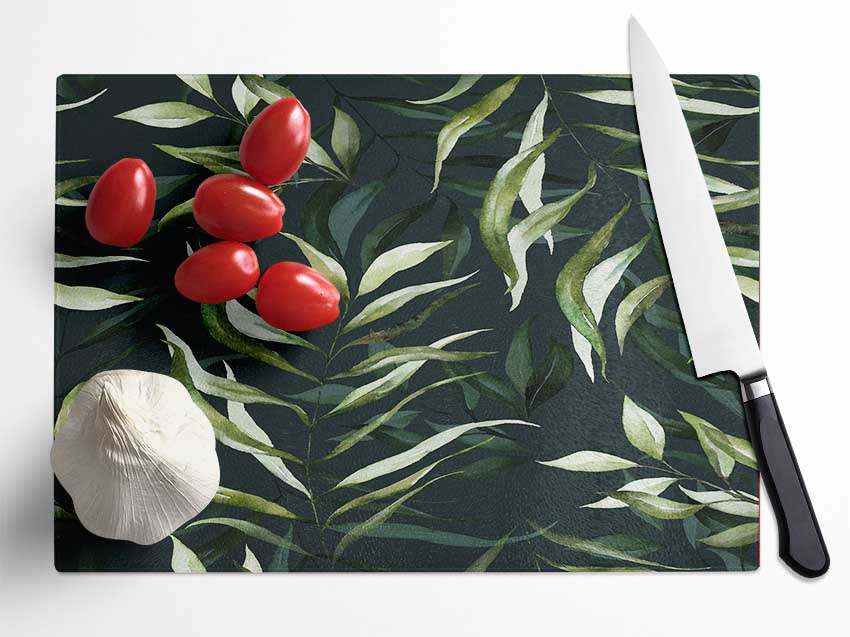 Green Leaves Of Plenty Glass Chopping Board